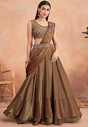 Pre Stitched Art Silk Lehenga Style Saree in Brown