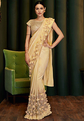 Pre-stitched Art Silk Saree in Beige
