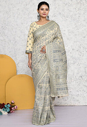 Pre-stitched Art Silk Saree in Cream