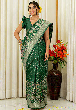 Pre-stitched Art Silk Saree in Dark Green