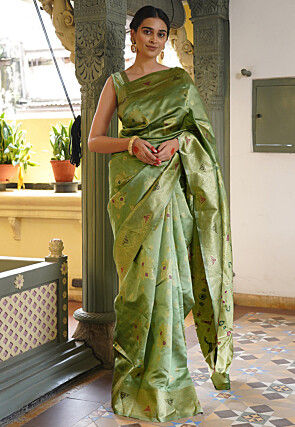 Pre-stitched Art Silk Saree in Dusty Green
