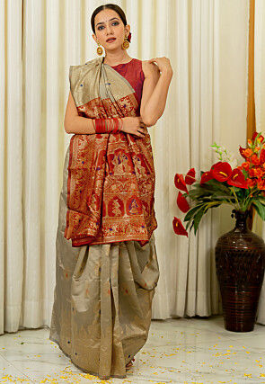 Pre-stitched Art Silk Saree in Fawn