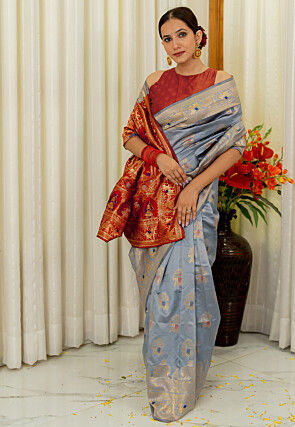 Pre-stitched Art Silk Saree in Light Blue