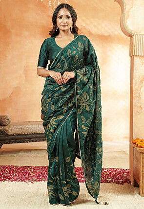 Embroidered Art Silk Saree in Teal Green