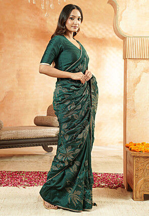 Embroidered Art Silk Saree in Teal Green
