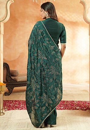 Embroidered Art Silk Saree in Teal Green