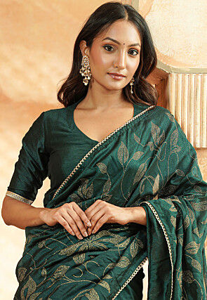 Embroidered Art Silk Saree in Teal Green