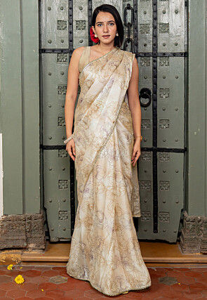Pre-stitched Chiffon Saree in Light Beige