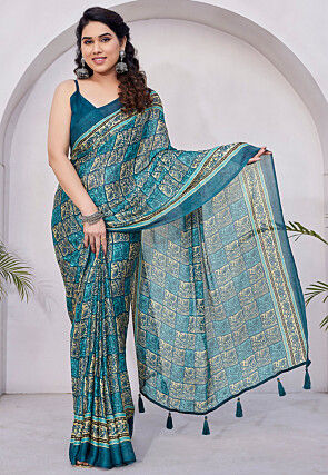 Pre-stitched Chiffon Saree in Teal Blue