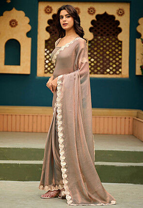 Pre-stitched Chiffon Scalloped Saree in Grey