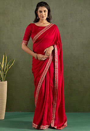 Pre-stitched Chiffon Scalloped Saree in Red