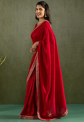 Pre-stitched Chiffon Scalloped Saree in Red