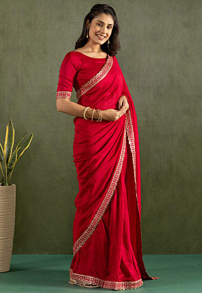 Pre-stitched Chiffon Scalloped Saree in Red