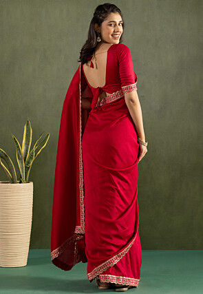 Pre-stitched Chiffon Scalloped Saree in Red