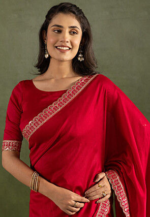 Pre-stitched Chiffon Scalloped Saree in Red