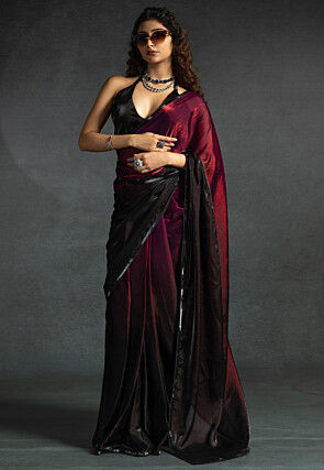 Pre-stitched Chiffon Shimmer Saree in Shaded Fuchsia and Black