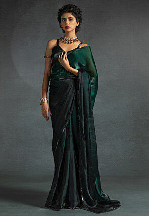 Pre-stitched Chiffon Shimmer Saree in Shaded Green and Black
