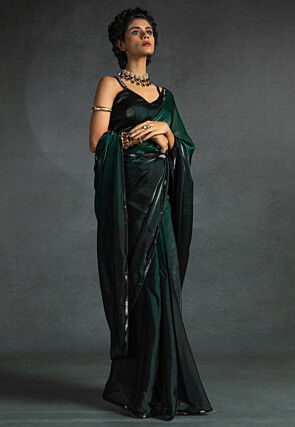 Pre-stitched Chiffon Shimmer Saree in Shaded Green and Black