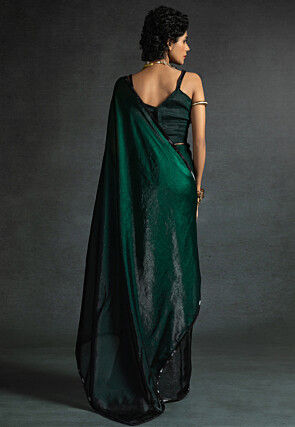 Pre-stitched Chiffon Shimmer Saree in Shaded Green and Black