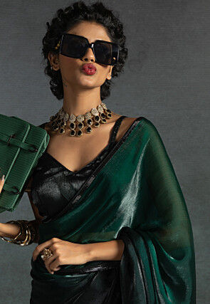 Pre-stitched Chiffon Shimmer Saree in Shaded Green and Black