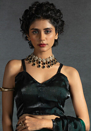 Pre-stitched Chiffon Shimmer Saree in Shaded Green and Black