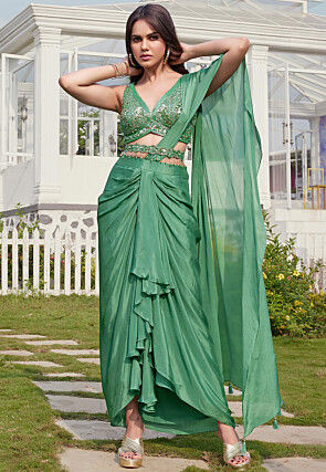 Pre-stitched Chinon Chiffon Dhoti Style Saree in Green