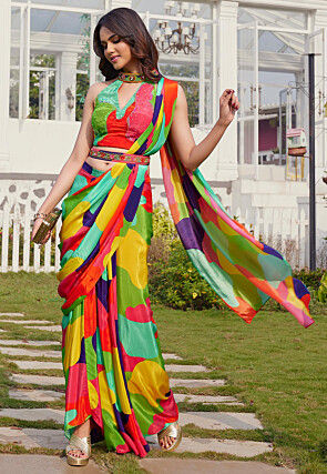 Pre-stitched Chinon Chiffon Saree in Multicolor