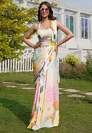 Pre-stitched Chinon Chiffon Saree in Off White