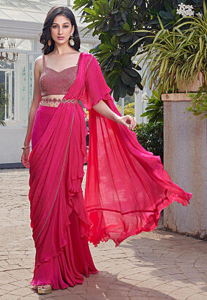 Pre-stitched Chinon Chiffon Saree in Pink
