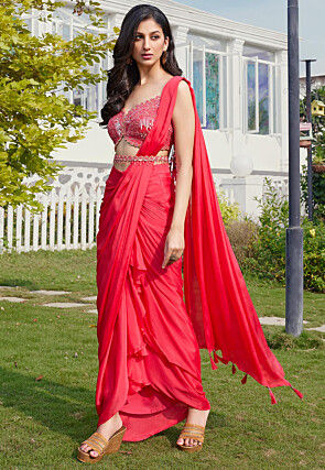 Pre-stitched Chinon Chiffon Saree in Red