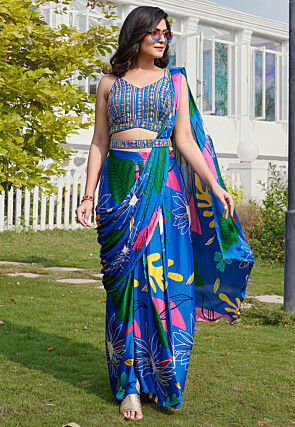 Pre-stitched Chinon Chiffon Saree in Royal Blue