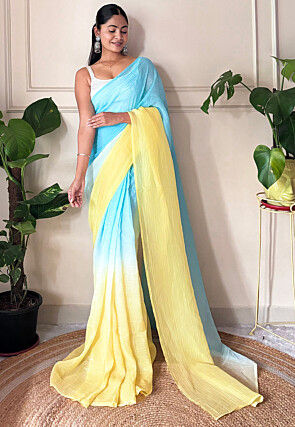 Pre-stitched Chinon Chiffon Saree in Shaded Blue and Yellow