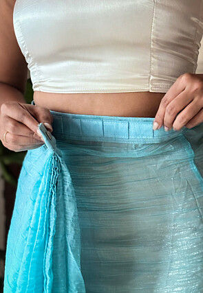 Pre-stitched Chinon Chiffon Saree in Shaded Blue and Yellow