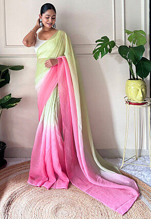 Pre-stitched Chinon Chiffon Saree in Shaded Light Green and Pink