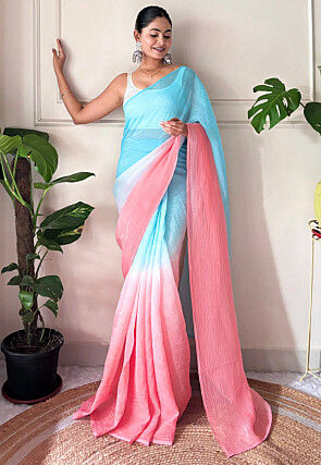 Pre-stitched Chinon Chiffon Saree in Shaded Sky Blue and Peach