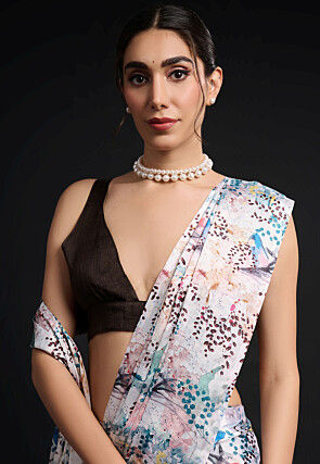 Pre-Stitched Chinon Chiffon Saree in White
