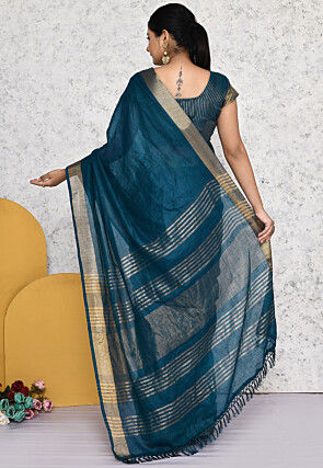 Pre-stitched Cotton Saree in Teal Blue