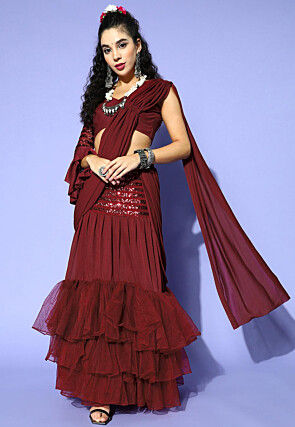 Pre-Stitched Crepe and Net Saree in Maroon