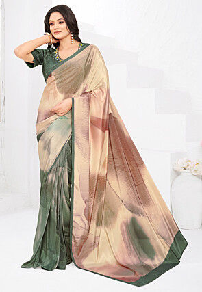 Pre-stitched Crepe Saree in Beige and Dusty Green