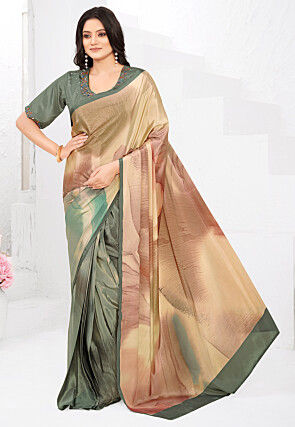 Pre-stitched Crepe Saree in Beige and Dusty Green