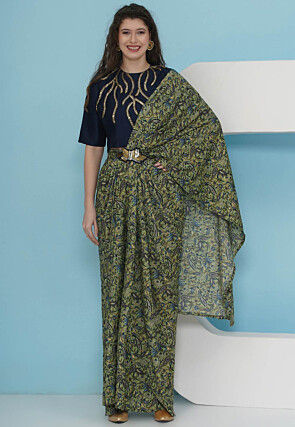 Pre-stitched Crepe Saree in Green