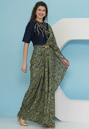 Pre-stitched Crepe Saree in Green