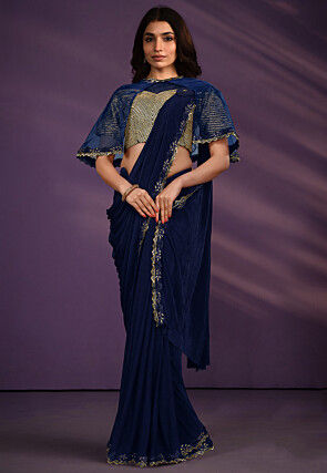 Pre-stitched Crepe Saree in Navy Blue