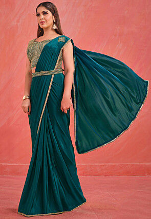 Pre-stitched Crepe Saree in Teal Blue