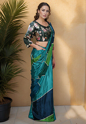 Pre-stitched Crepe Saree in Turquoise