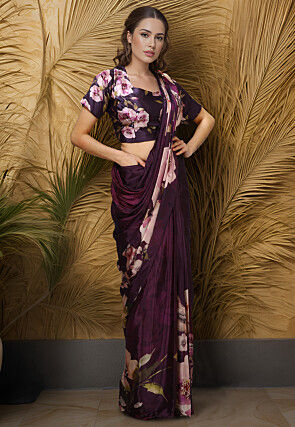 Pre-stitched Crepe Saree in Wine