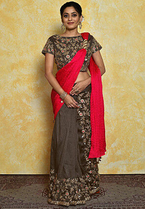Pre-stitched Dupion Silk Saree in Coral Red and Dark Grey