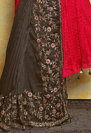 Pre-stitched Dupion Silk Saree in Coral Red and Dark Grey
