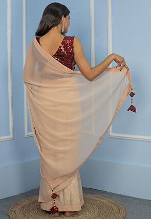 Pre-Stitched Georgette Saree in Fawn