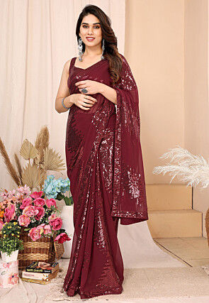 Pre-stitched Georgette Saree in Maroon